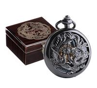 ManChDa Montre de Poche Lucky Dragon & Phoenix Vintage mécanique Steampunk Squelette Chiffres Romains Montre Gousset Noire avec chaîne pour Homme et Femme, 1-b Boîtier en Bois Noir + Marron foncé,