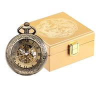 ManChDa Taschenuhr in Luxus Glossy Holz Geschenk Box - Speical Lupe Cover Taschenuhr Kette Skelett Mechanische Antike Hand-Wind Steampunk Römische Ziffern Fob Uhr Für Herren | Gold Box
