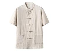 Manche Courte Homme Arts Martiaux Kung-Fu Veste De Style Tangzhuang Décontractée Unique Broderie Vêtements Traditionnels Chinois Boucle Concevoir Chemise À Mode F-Khaki XL