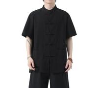 Manche Courte Homme Arts Martiaux Kung-Fu Veste De Style Tangzhuang Décontractée Unique Broderie Vêtements Traditionnels Chinois Boucle Concevoir Chemise À Mode E-Black XL