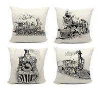 Mancheng-zi Lot de 4 housses de coussin en lin pour décoration de train, 45,7 x 45,7 cm, décoration de chambre sur le thème du train, cadeaux pour les amateurs de train, cadeaux pour hommes,