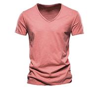 Manches Courtes en Coton Bambou pour Hommes T-Shirt Muscle Doux et Confortable col en V Casual Slim Sport Plage t-Shirt (Rouge,L)