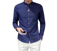 Manches Longues Chemise Homme Printemps Automne Button-Down Chemise Slim Fit Revers Basic Chemise Homme Couleur Unie Casual Chemise sans Repassage Travail Chemise Homme F-Navy 3XL