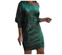 Manches trois quarts avec col en V et paillettes pour femme, élégante robe de soirée avec épaules dénudées pour printemps et été robe pull, vert, M
