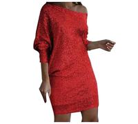 Manches trois quarts avec col en V et paillettes pour femme, élégante robe de soirée avec épaules dénudées pour printemps et été robe pull, rouge, M