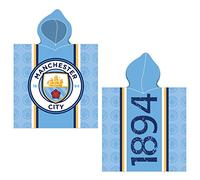 Manchester City Poncho de bain à capuche pour enfant avec logo - Bleu - 60 x 120 cm - 100 % coton - Qualité velours - Peignoir de bain - Paréo - Serviette de bain - Serviette de bain - Serviette de