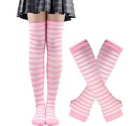 Manchettes noires et blanches pour femmes, ensemble de bas et de gants, chaussettes hautes rayées, chauffe-bras, mitaines, rose/blanc