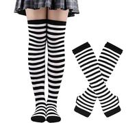 Manchettes noires et blanches pour femmes, ensemble de bas et de gants, chaussettes hautes rayées, chauffe-bras, mitaines, blanc/noir, taille unique