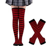 Manchettes noires et blanches pour femmes, ensemble de bas et de gants, chaussettes hautes rayées, chauffe-bras, mitaines, rouge/noir