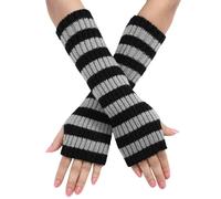 Manchettes Rayées Longues Mitaines Thermiques Extensibles Gants Tricotés Avec Trou Pour Les Pouces, Hiver, Pour Femme, Noir et Gris Clair à Rayures