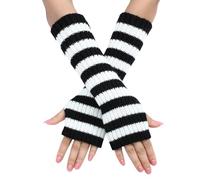Manchettes Rayées Longues Mitaines Thermiques Extensibles Gants Tricotés Avec Trou Pour Les Pouces, Hiver, Pour Femme, Noir et Gris Clair à Rayures