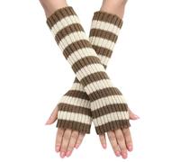 Manchettes Rayées Longues Mitaines Thermiques Extensibles Gants Tricotés Avec Trou Pour Les Pouces, Hiver, Pour Femme, Noir et Gris Clair à Rayures
