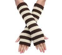 Manchettes Rayées Longues Mitaines Thermiques Extensibles Gants Tricotés Avec Trou Pour Les Pouces, Hiver, Pour Femme, Noir et Gris Clair à Rayures