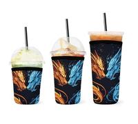 Manchon isolant réutilisable en néoprène pour tasses à café glacé, motif dragon rouge bleu, flammes de feu, universel, lavable