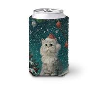 Manchon isotherme doux pour canette de bière, chapeau de Noël chat sur le toit d'une vieille maison