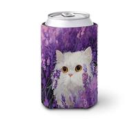 Manchon isotherme doux pour canette de bière, chat blanc avec branches de lavande violettes pour fête, plage, événement, maison