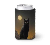 Manchon isotherme doux pour canette de bière, chat noir sur une vieille clôture en bois et lune pour fête, plage, événement, maison