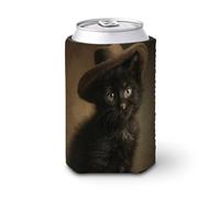 Manchon isotherme doux pour canette de bière, chaton noir portant un vieux chapeau pour canettes de bière, pour fête, plage, événement, maison