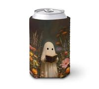 Manchon isotherme doux pour canette de bière, fantôme mignon lisant dans le jardin fleuri pour fête, plage, événement, maison