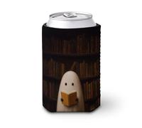 Manchon isotherme doux pour canette de bière, fantôme mignon lisant dans une vieille bibliothèque pour fête, plage, événement, maison