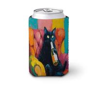 Manchon isotherme doux pour canette de bière, motif chat noir fantaisiste buvant sur un fauteuil pour fête, plage, événement, maison