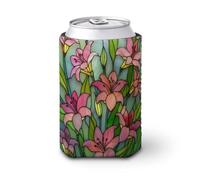 Manchon isotherme doux pour canette de bière, motif lys roses et feuilles vertes en verre teinté pour fête, plage, événement, maison