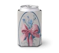 Manchon isotherme doux pour canette de bière, nœud rose avec fleurs bleues dans un cadre ovale, pour fête, plage, événement, maison