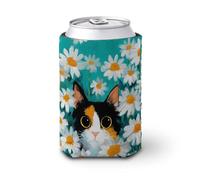 Manchon isotherme pour canette de bière, chat calicot dans un champ de marguerites blanches, support de boisson isotherme doux pour fête, plage, événement, maison