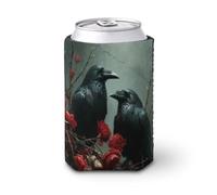 Manchon isotherme pour canette de bière, deux corbeaux et fleurs rouges sombres fantastiques gothiques pour fête, plage, événement, maison