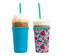 Manchon isotherme réutilisable en néoprène pour boissons glacées | Porte-gobelet pour café Starbucks, McDonalds, Dunkin Donuts, Tim Hortons et plus Décontracté 2 PK Medium 22-24oz Bleu et floral.