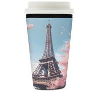 Manchon isotherme réutilisable en néoprène pour tasses à café glacé Motif Tour Eiffel Paris Fleurs de cerisier Pour boissons froides Convient aux tasses de 946 ml