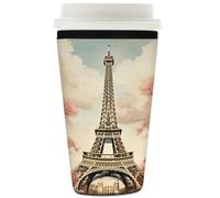 Manchon isotherme réutilisable en néoprène pour tasses à café glacées vintage Paris Tour Eiffel pour boissons froides, art floral, peinture, support de boissons pour tasses de 946 ml