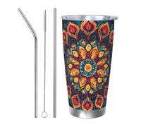 Mandala Boho Vintage Colorful Flowers Tasses en acier inoxydable de 591 ml, tasse à café isotherme en acier inoxydable avec couvercle et paille durable pour boissons froides et chaudes