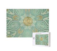 Mandala Celtique Vert Sauge Doux et Or,Puzzle Familial en Bois de 300 pièces pour Adultes et Adolescents, décoration d'intérieur