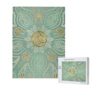 Mandala Celtique Vert Sauge Doux et Or,Puzzle Familial en Bois de 500 pièces pour Adultes et Adolescents
