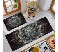 Mandala Complexe Tapis de Cuisine Set de 2, Motifs Tribaux Tapis de Sol de Cuisine Lavables, Chemin Antidérapant pour l’entrée et Le Bureau de Décoration Intérieure, 44x75cm+44x120cm, Turquoise