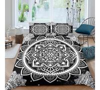 Mandala Design Housse de Couette Imprimé en 3D Microfibre résistante 3 pièces Noir Blanc Spiritual Art Parure de Lit avec Fermeture Éclair Super Douce for Adulte Single（135x200cm）