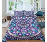 Mandala Housse de Couette Facile d'entretien Microfibre 3 Pièces 3D Imprimée Bleu violet floral motif Linge de Lit avec Fermeture Éclair Respirante for Adulte Enfants Filles Single（135x200cm）