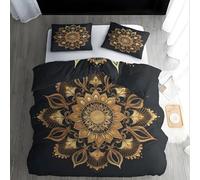 Mandala in Schwarz und Gold Bettwäsche 200×200, Blumenmuster im Retro-Stil Mikrofaser Bettwäsche-Set, Bequemer Weicher Bettbezug und 2 Kissenbezüge 80×80, mit Reißverschluss, für Männer, Frauen NP376