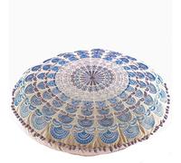 Mandala Life ART Bohémien Décor Coussin de Méditation - Rembourrage Non Inclus 60cm Ronde Coton - Pouf Zafu Yoga Décoratif Fait Main - Broderie Bleu