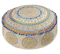 Mandala Life ART Vintage Coussin de Sol - Rembourrage Non Inclus 60x20cm Ronde Coton - Tabouret Pouf Décoratif Fait Main - Broderie d'or Bleu