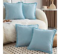 Mandioo Lot de 4 Housse de Coussin Pur Coton Côté Frange Doux et Confortable Style de Ferme Moderne Taie d'oreiller Décoration Salon canapé Chambre 40x40 cm Bleu Clair