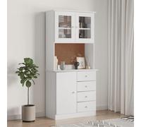 Mandloder ALTA Buffet haut blanc 77 x 35 x 165 cm, en pin massif, armoire de rangement avec portes en verre, style maison de campagne, pour salon et salle à manger