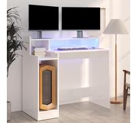 Mandloder Bureau à LED, blanc brillant, 97 x 45 x 90 cm, bois dérivé du bois, table pour bureau, jeux et étude, design moderne