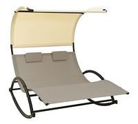 Mandloder Chaise longue double avec toit pare-soleil, textilène taupe et crème, cadre en acier robuste, chaise longue à bascule pour jardin, patio, piscine, expérience de plein air détendue