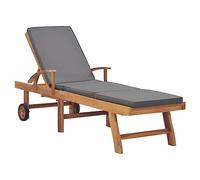 Mandloder Chaise longue en teck massif avec coussin, 195 x 59,5 cm, réglable, pour jardin, terrasse, plage, longue durée de vie, avec roulettes, étagère extensible