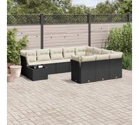 Mandloder Ensemble de 11 canapés de jardin en rotin synthétique noir, canapé d'angle avec espace de rangement, plateau de table en verre trempé, coussins blanc crème, résistant aux UV, 289 x 234 x 69
