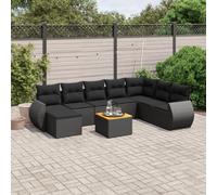 Mandloder Ensemble de 9 meubles de jardin modulaires en polyrotin noir, table en bois d'acacia, résistant aux UV, meubles d'extérieur modulaires pour terrasse, balcon, ensembles de conversation