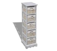 Mandloder Étagère en bois de paulownia avec 5 paniers, blanc, 25 x 28 x 90 cm, meuble de rangement polyvalent pour salle de bain, cuisine, couloir, style maison de campagne