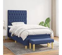 Mandloder Lit à sommier tapissier avec matelas, 100 x 200 cm, tissu bleu, tête de lit réglable en hauteur, matelas à ressorts ensachés, support de fermeté moyenne, banc inclus, chambre à coucher